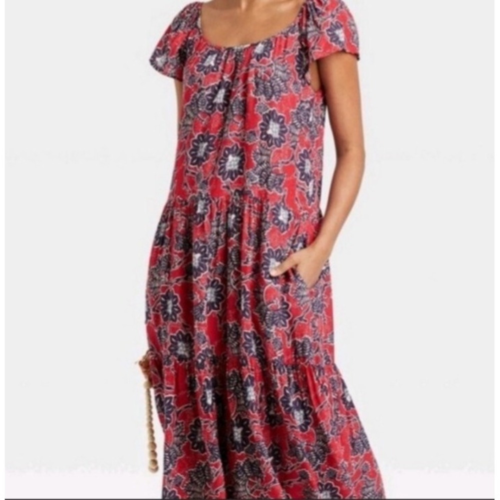 Knox Rose Womens Dress M Red Blue Floral Midi Scoop Neck Short Sleeve Boho